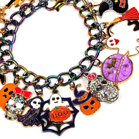 Halloween Charm Bracelet, Pumpkins, Ghost, Spider Webs, Cat - Picture 5 of 9